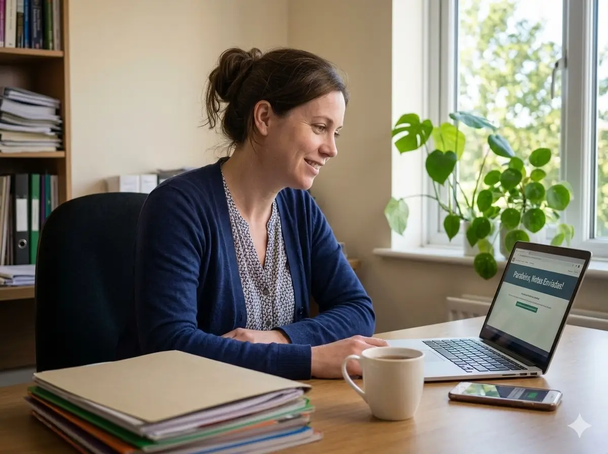 Professora sorrindo para o celular — alívio, luz natural, leveza